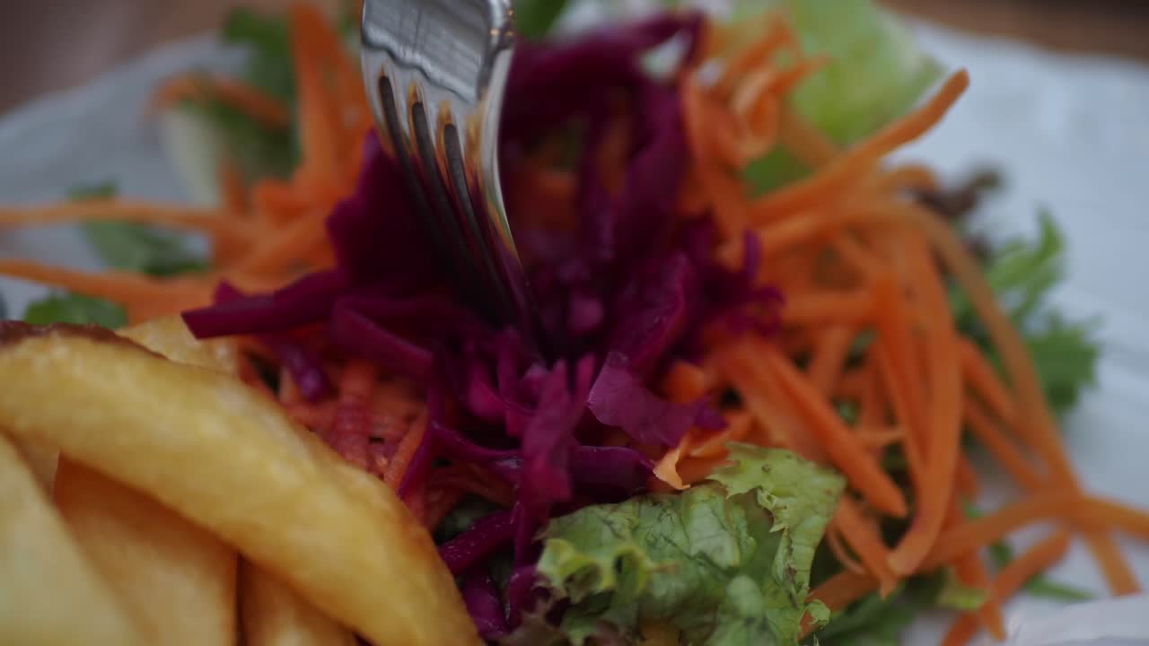primer plano de un plato de papas fritas, ensalada de repollo rojo y zanahorias