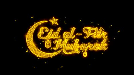 eid al-fitr mubarak wish text sparks particles on black background.