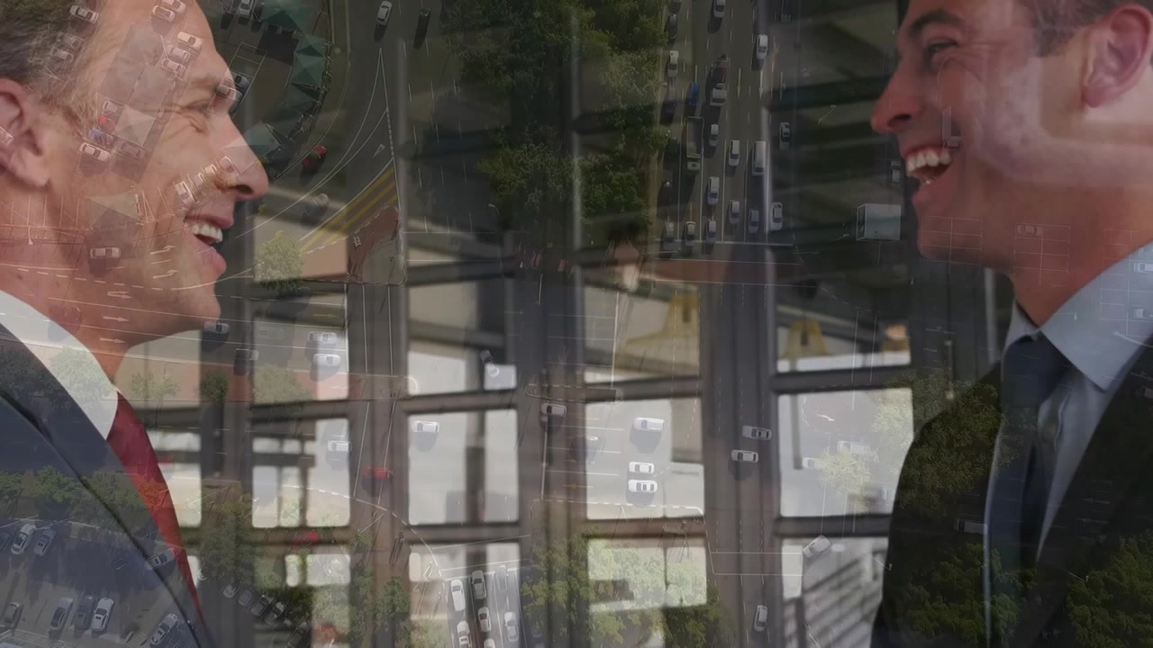 Figuras de negocios animadas estrechando manos sobre un paisaje urbano, simbolizando la red global.