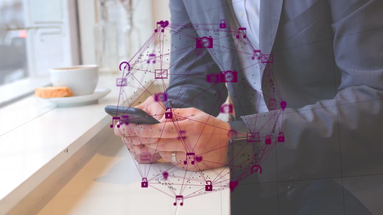 드폰을 사용하는 백인 사업가의 중간 부분에 장갑을 형성하는 연결된 아이콘의 애니메이션