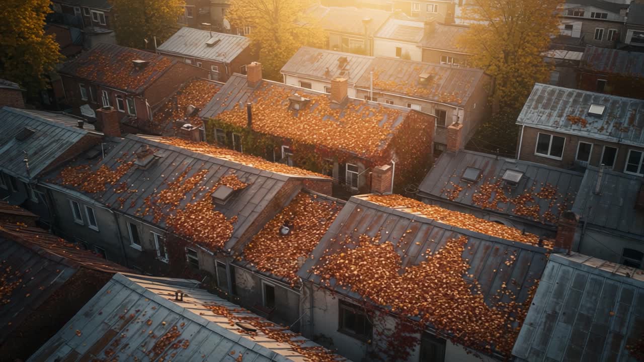 An Aerial View of Autumn's Touch: A Serene Scene of Homes Adorned with Golden Leaves Captured in the Golden Hour