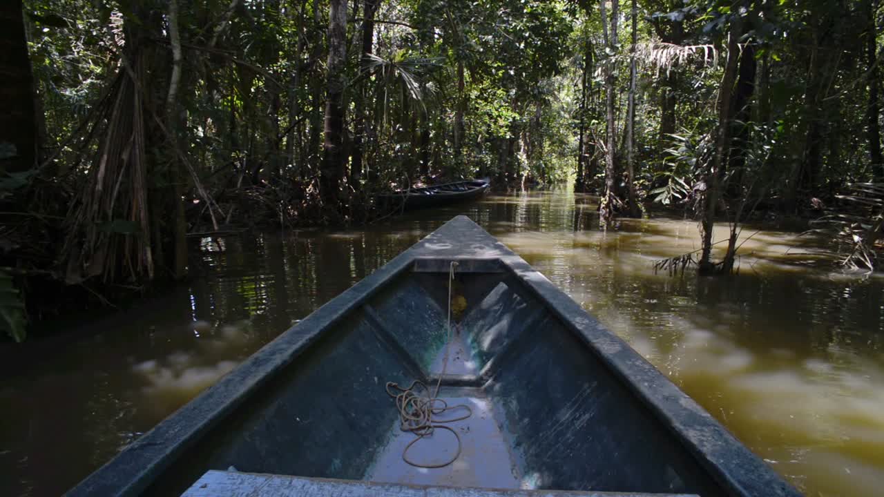 Traveling on the beautiful Amazon River in Peru - wide shot
