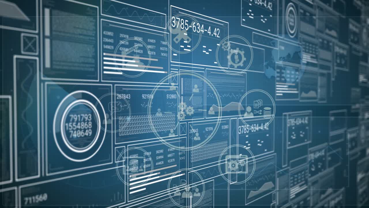 Animation of data processing and media icons over blue background