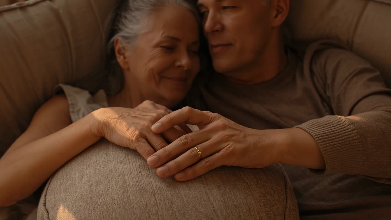 Shifting senior couple placing hand comforting woman on home sofa, cushion and ring catching light