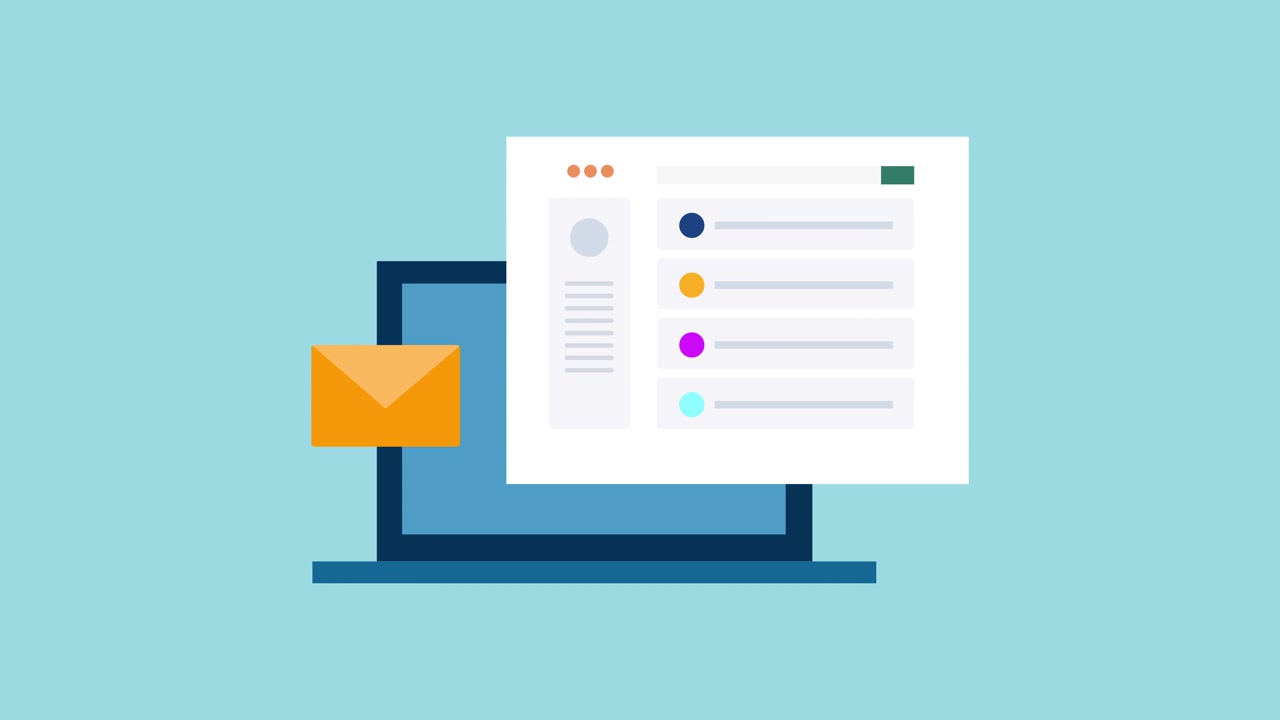 Laptop animato che mostra una notifica email e un elenco di attività