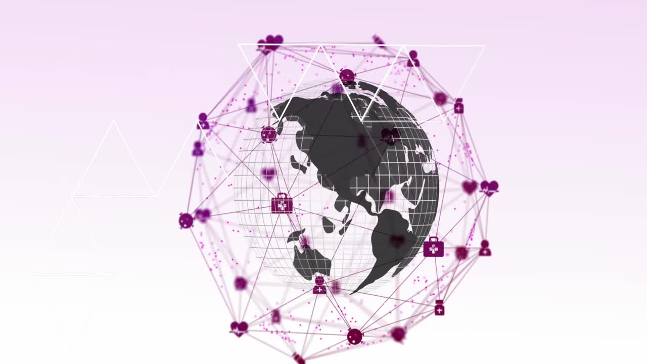 Animation of network of digital icons over spinning globe against pink gradient background