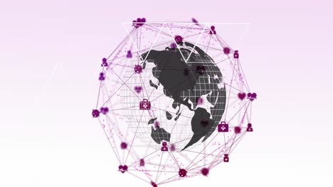 Animation-of-network-of-digital-icons-over-spinning-globe-against-pink-gradient-background