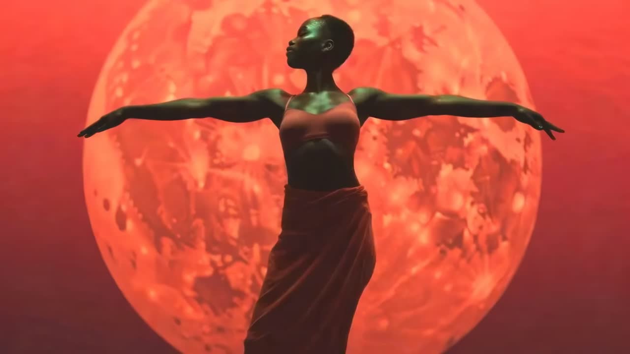 Silhouetted dancer in front of a large red moon, arms outstretched