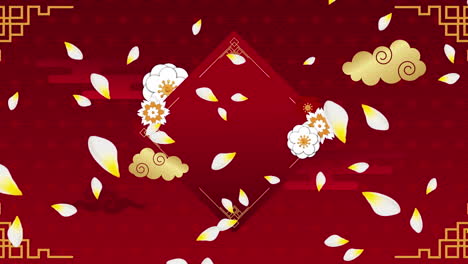 animación de decoraciones tradicionales chinas con pétalos sobre fondo rojo.