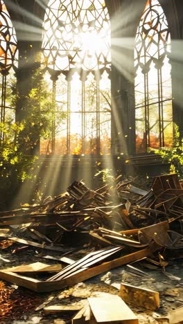 sunlight filters through stained glass in a wrecked chapel