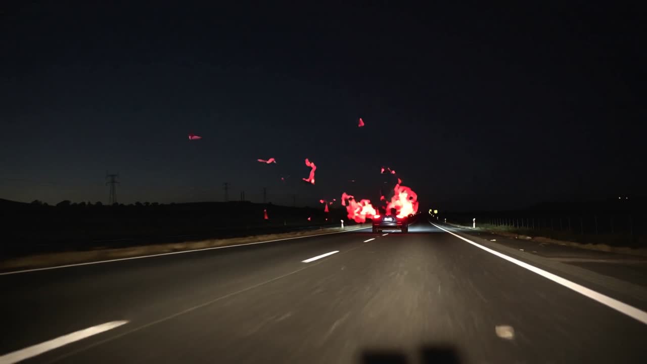 Following blue compact car moving down rural highway at night, headlights causing red light streaks