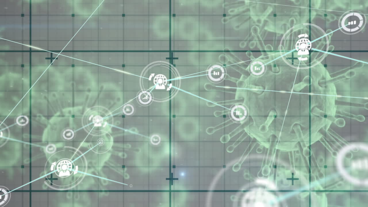 회색 배경에 있는 여러 코로나19 세포에 대한 그리드 네트워크를 통한 디지털 아이콘 네트워크