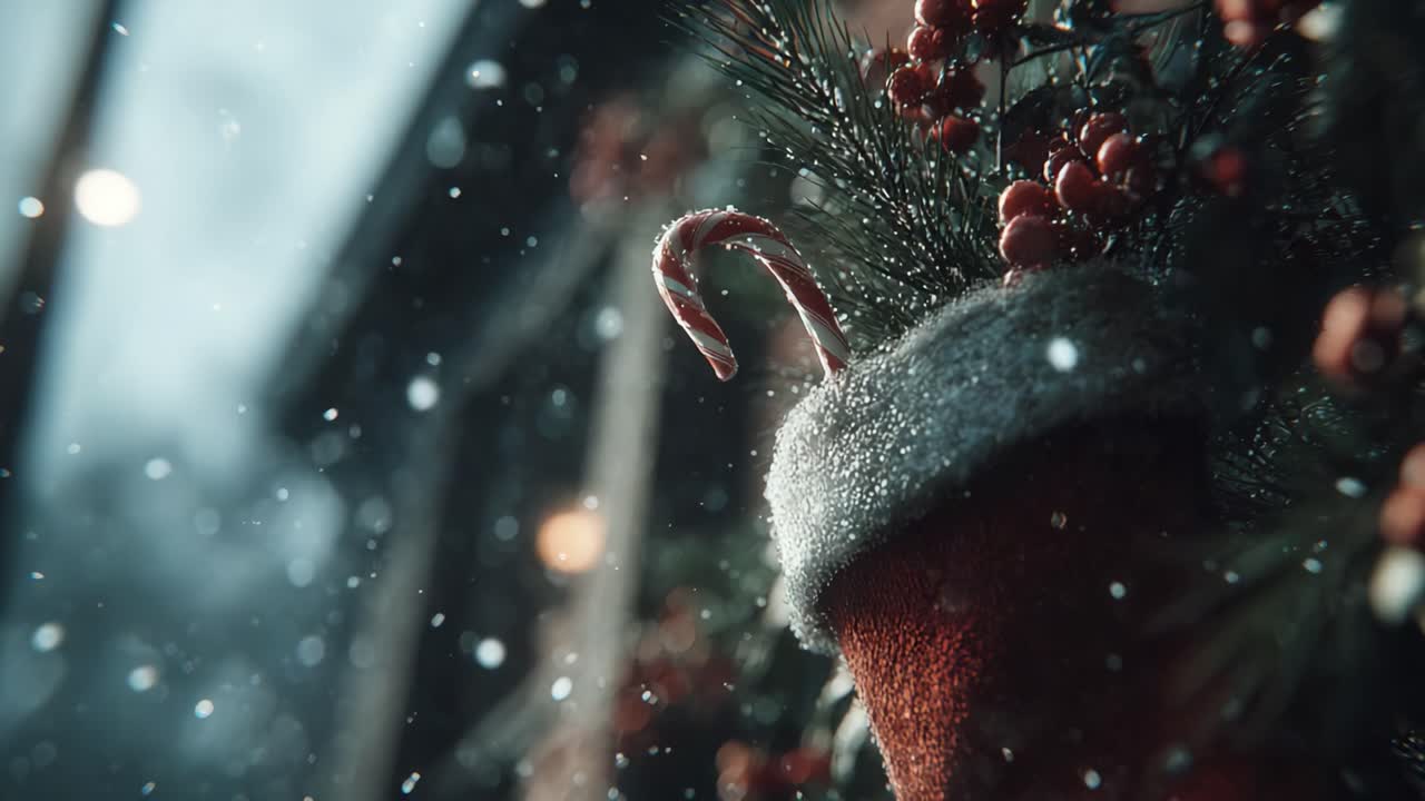 En hyggelig julescene med en festligt dekoreret strømpe med et slikkepind, omgivet af sne og vinterbær, der fremkalder en varm og munter stemning