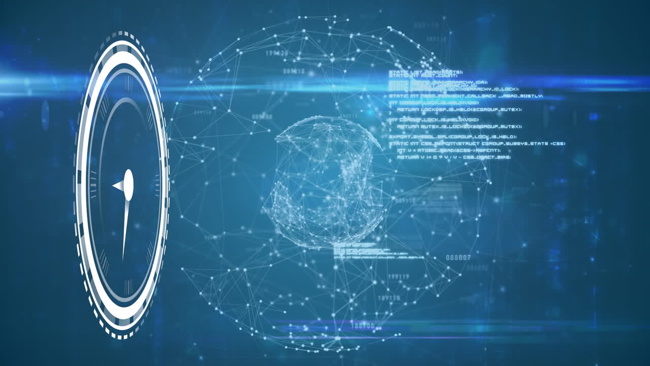 animación del reloj y los datos en pantalla digital sobre el mundo y el fondo naval