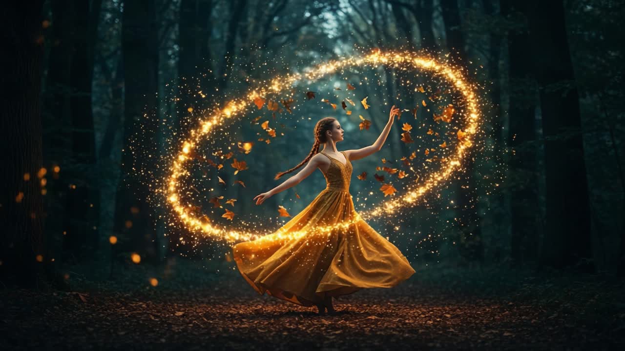 A graceful dancer twirls joyfully in a mystical forest, surrounded by sparkling lights and fluttering butterflies, capturing the enchantment of nature's beauty and magic