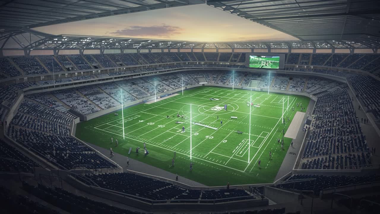 A Wide-Angle View of a Modern Stadium Featuring a Well-Lit Football Field and Seating Area at Dusk with Spectacular Lighting Effects and a Dynamic Atmosphere