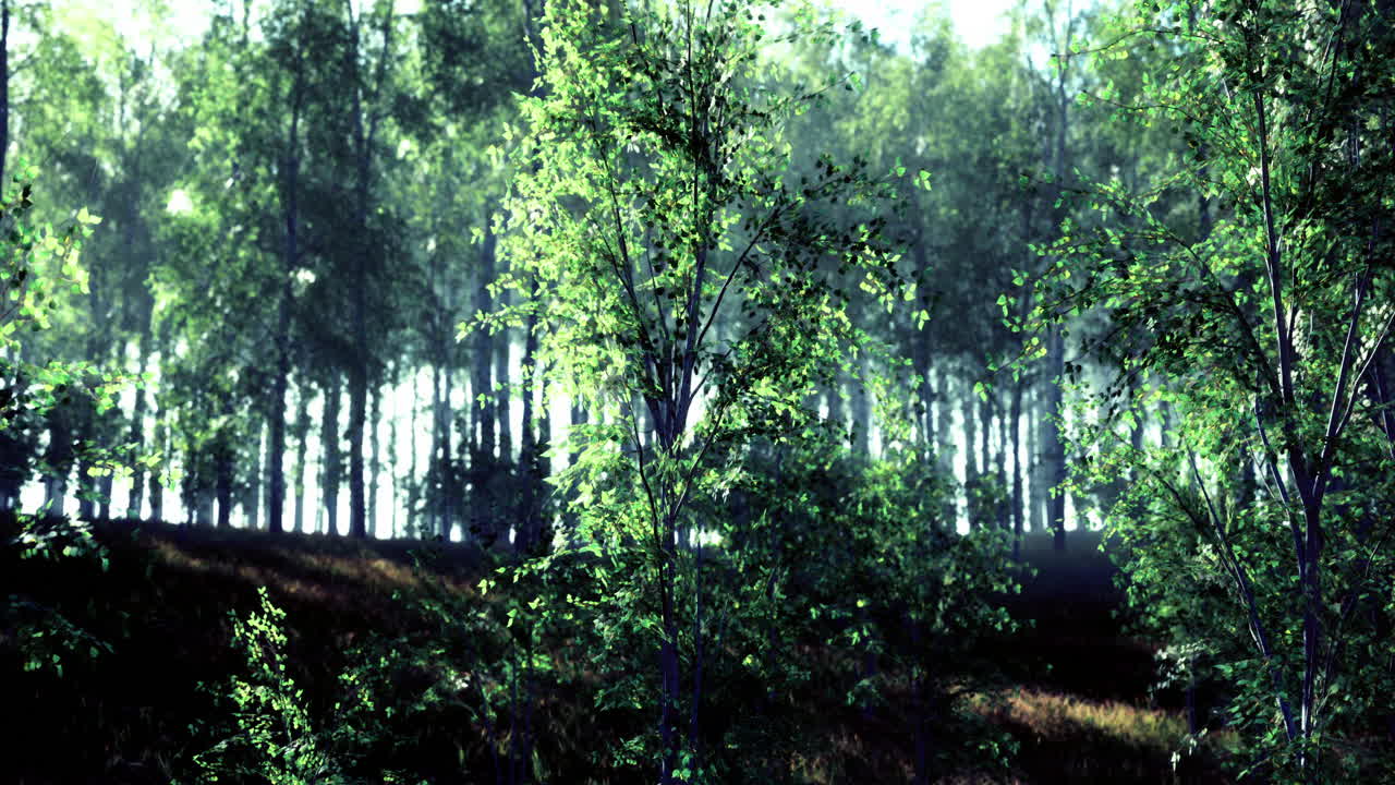 조용 한 환경 에서 나무 를 통해 빛 을 는 울창 한 초록색 숲