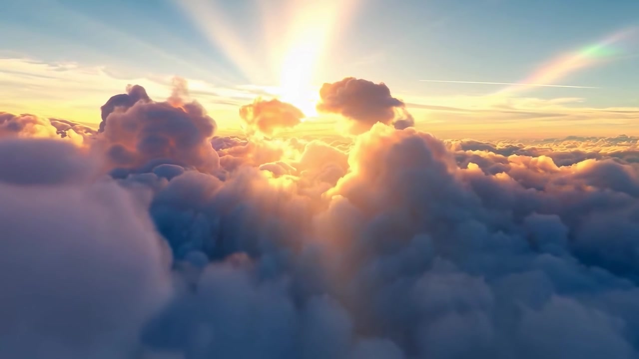 Vista aerea di raggi di sole dorati attraverso nuvole soffici