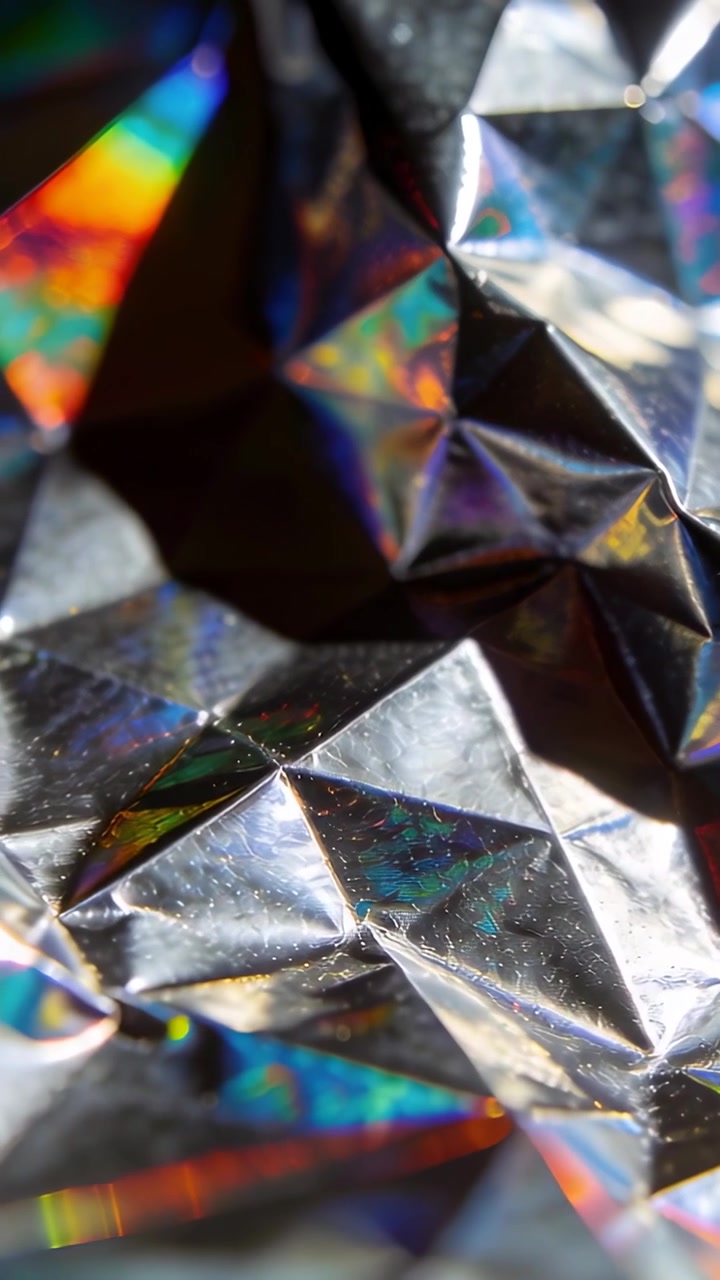 Video verticale: Attrezzatura macro in movimento che mostra una pellicola metallica olografica stropicciata su una scrivania, con la luce che si sposta.