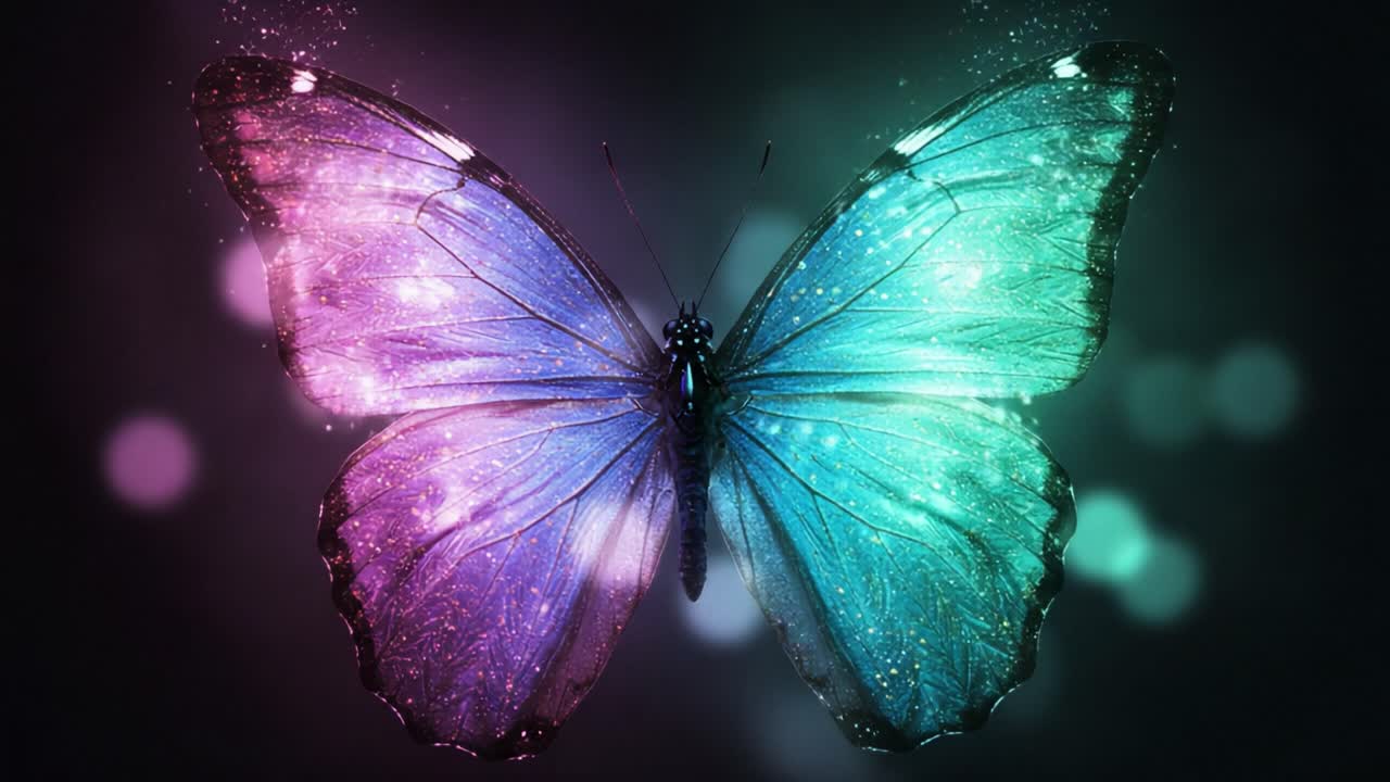 A Stunning Close-Up View of a Beautiful Butterfly with Iridescent Wings, Sparkling in Vibrant Colors Against a Dark Background, Showcasing Nature's Intricate Beauty