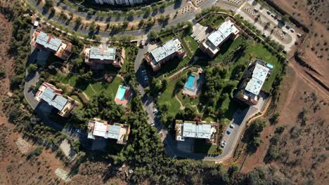 Close-up-overhead-view-of-a-luxury-condominium-in-the-foothills-of-Las-Condes,-Santiago,-Chile