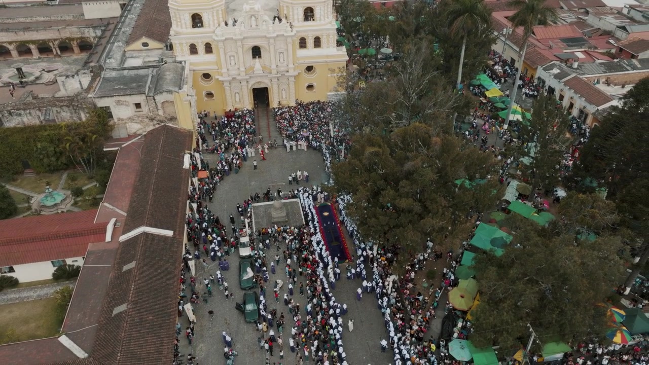 People Gathered During Semana Santa Celebration In Antigua, Guatemala - aerial shot