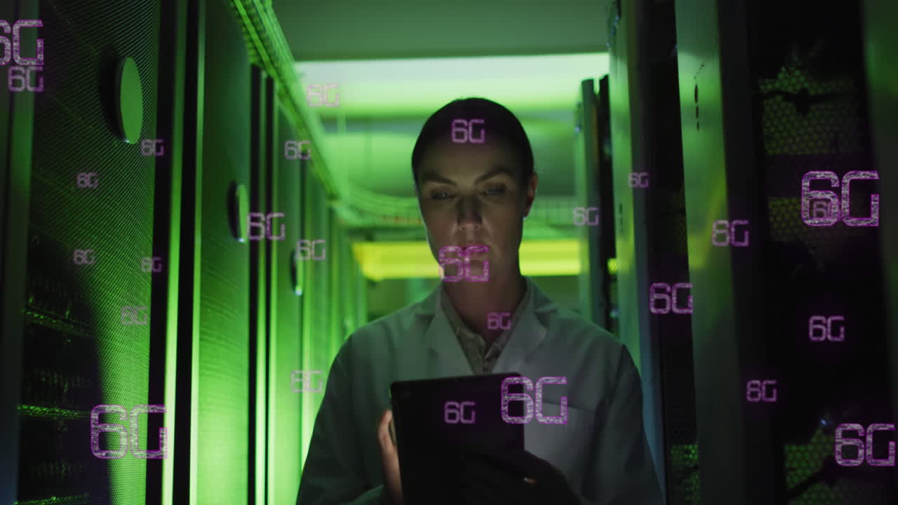 Animation of 6g text banner over caucasian female engineer using digital tablet at sever room