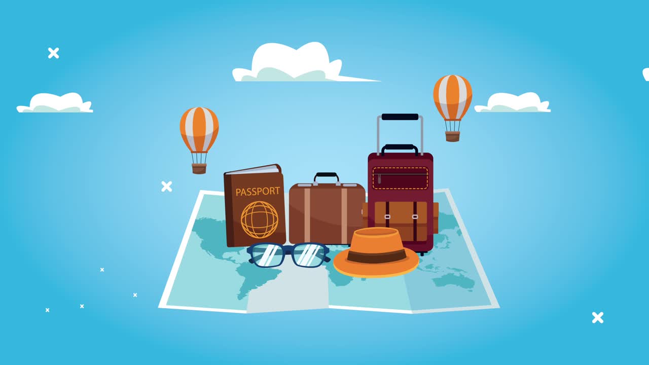 animación de turismo mundial con iconos en mapa de papel y globos de aire caliente