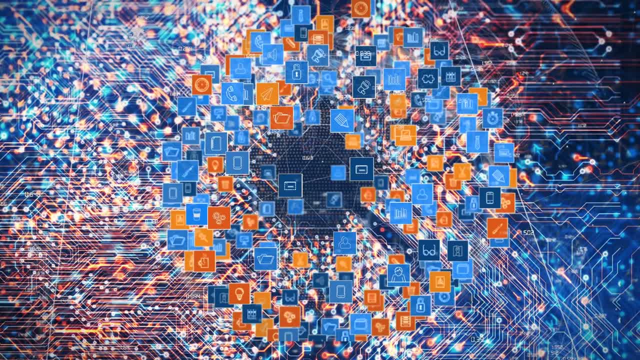 Animation of media icons over data processing on blue background