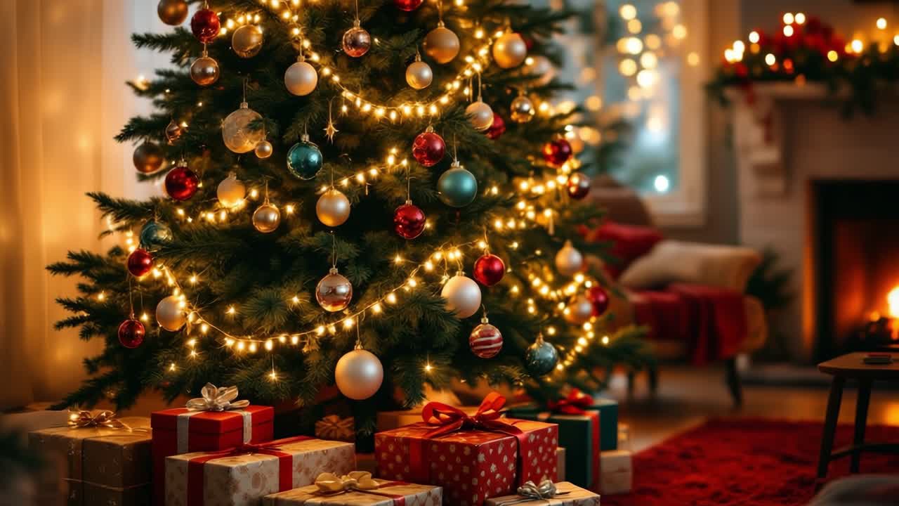 Albero di Natale festivo addobbato con luci e ornamenti, circondato da regali in un accogliente soggiorno