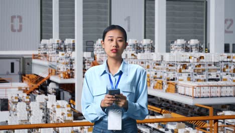 an asian business woman using mobile phone an looking around in the warehouse