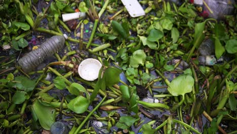 plastic debris, trash, garbage pollution floating down the waterways and irrigation canals of bangkok thailand