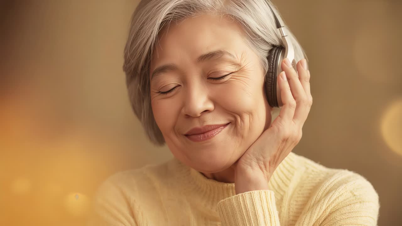 スタジオで音楽を聴きながら、黄色のセーターを着て耳にかけたヘッドフォンに触れる年配の女性