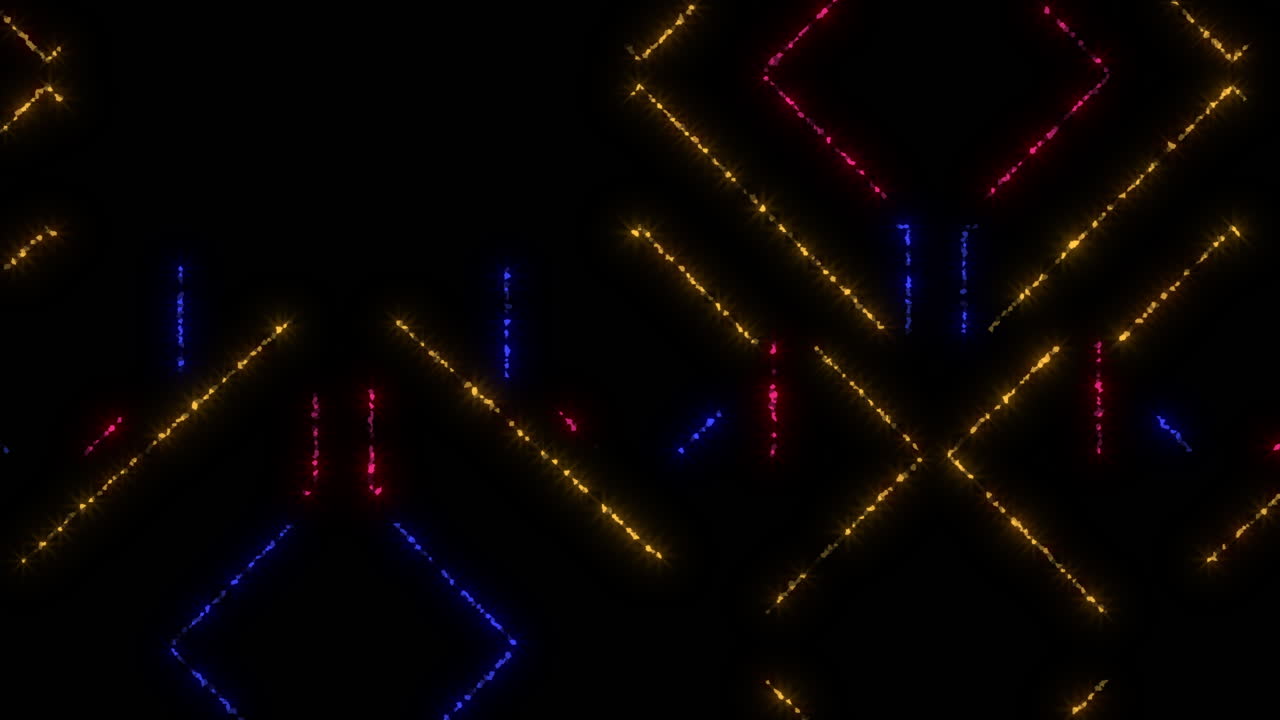 Motivo geometrico di linee diagonali rosse, blu e gialle su sfondo nero
