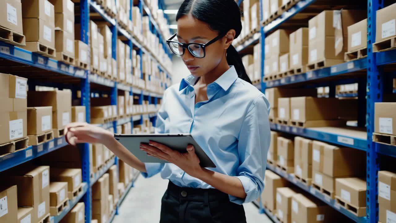 Businesswoman working on tablet in a warehouse