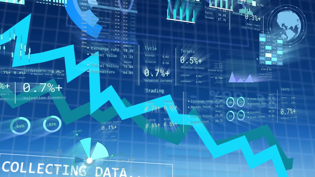 Animation of financial data processing over blue background