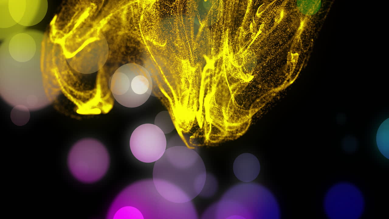 Swirling cloud of yellow particles being animated in dark void, glowing with colorful bokeh circles