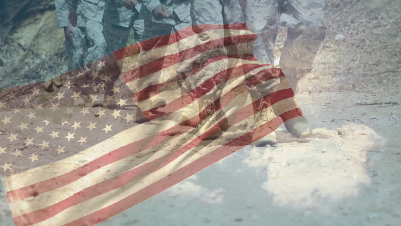 Waving American flag over soldiers marching in desert, creating animation scene