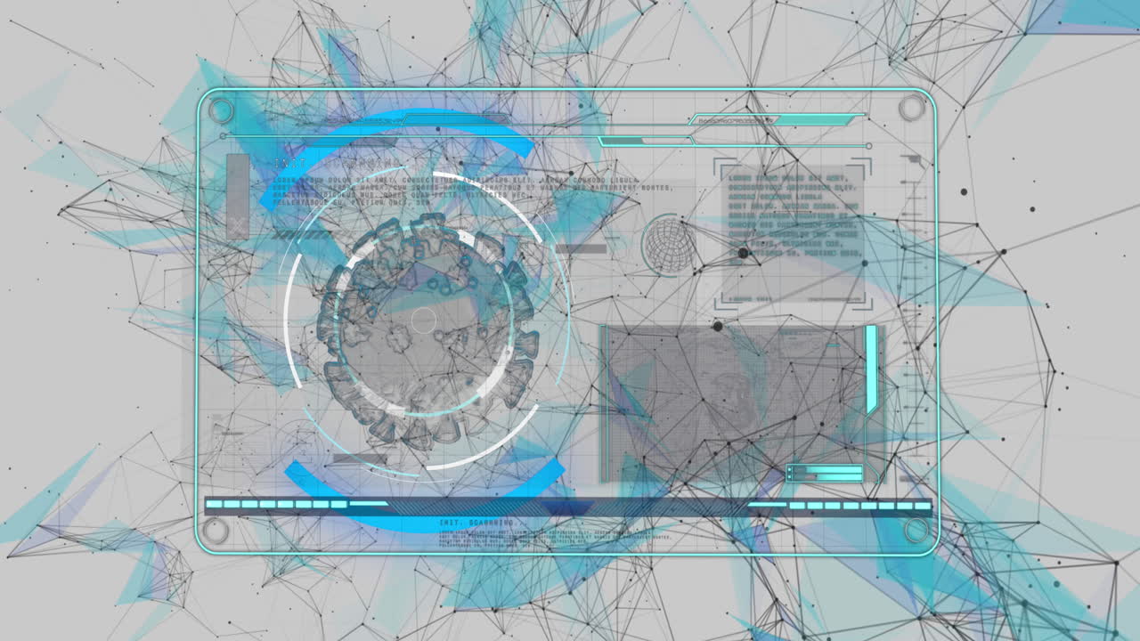 animación de la célula de covid 19 y procesamiento de datos médicos en pantalla a través de redes de conexión