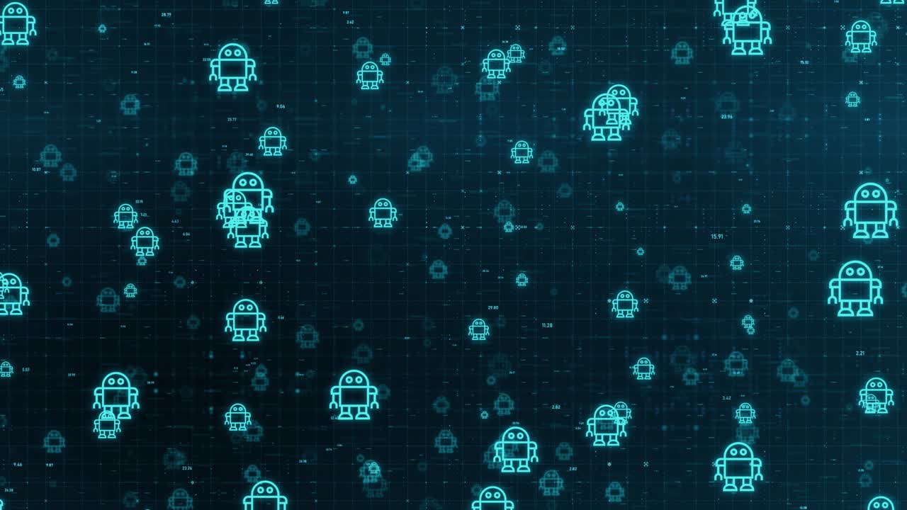Looping Animation of Active AI Chatbot Agents Working in Parallel on Blue Digital Grid Background. Autonomous Automation and Multi-Bot Concept