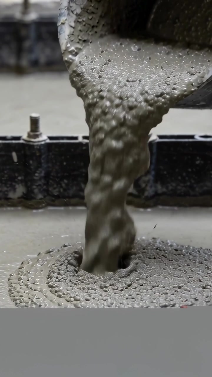 Video vertical: Tolva de inicio vertiendo hormigón húmedo creando un remolino para llenar un molde sobre una losa junto a pernos de riel.