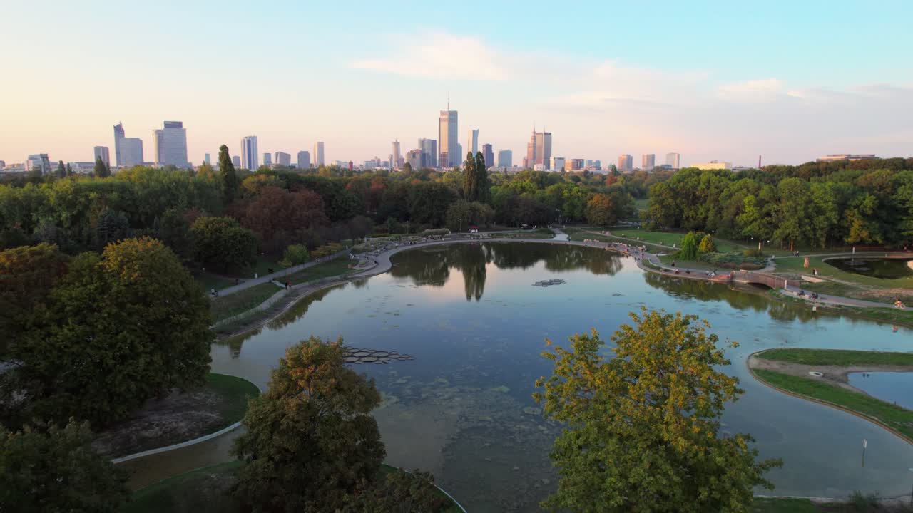 Warsaw capital city of Poland tall buildings view from park in autumn, aerial