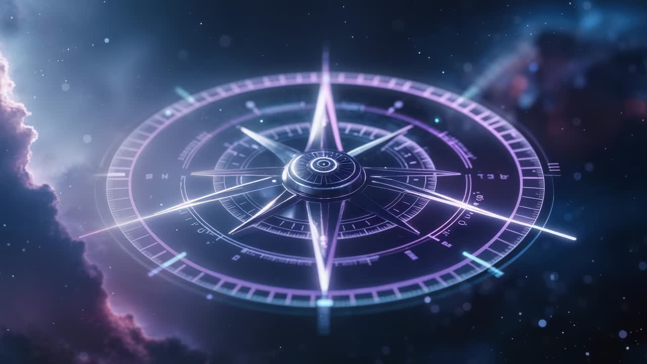 A glowing futuristic compass set against a cosmic backdrop