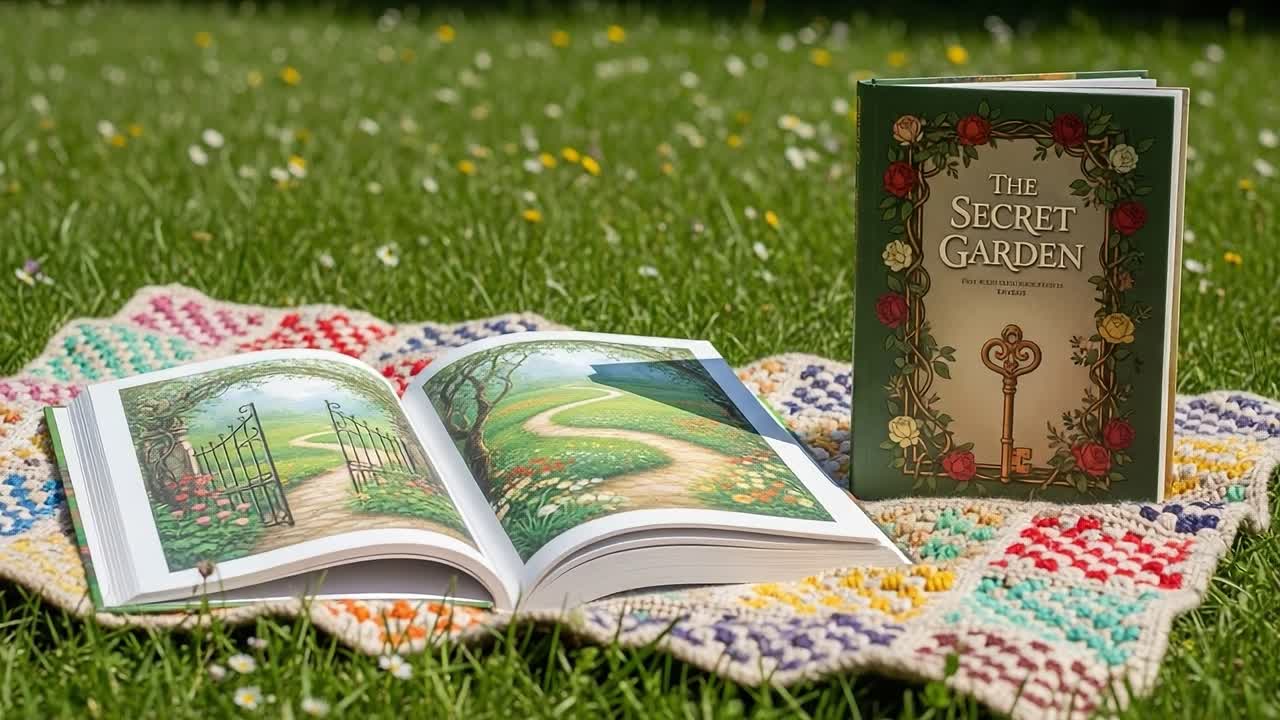 An Enchanting Exploration of a Classic Tale: The Secret Garden Book Showcasing its Beautiful Illustrations and Lush Greenery in a Serene Outdoor Setting