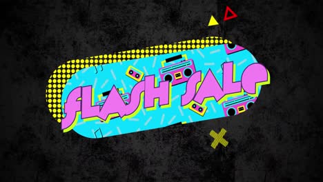 animación del texto de venta flash en la burbuja de habla retro con formas abstractas