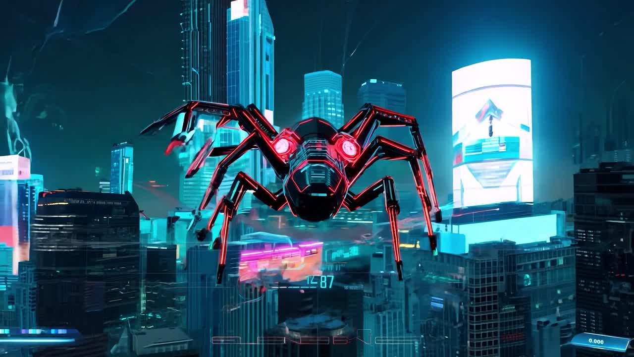 Cyberpunk Spider Robot in a Futuristic City | Premium Stock Video Footage
