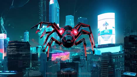 robot araña cyberpunk en una ciudad futurista