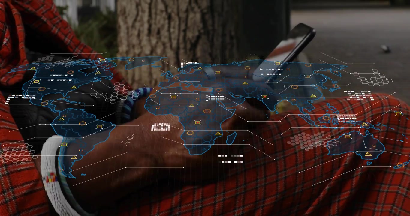 Hands Using Smartphone with Global Network Overlay