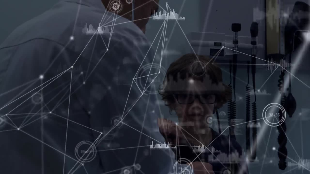 점들이 선으로 연결되는 애니메이션, 아시아 의사가 병원에서 소년을 검사하는 그래프