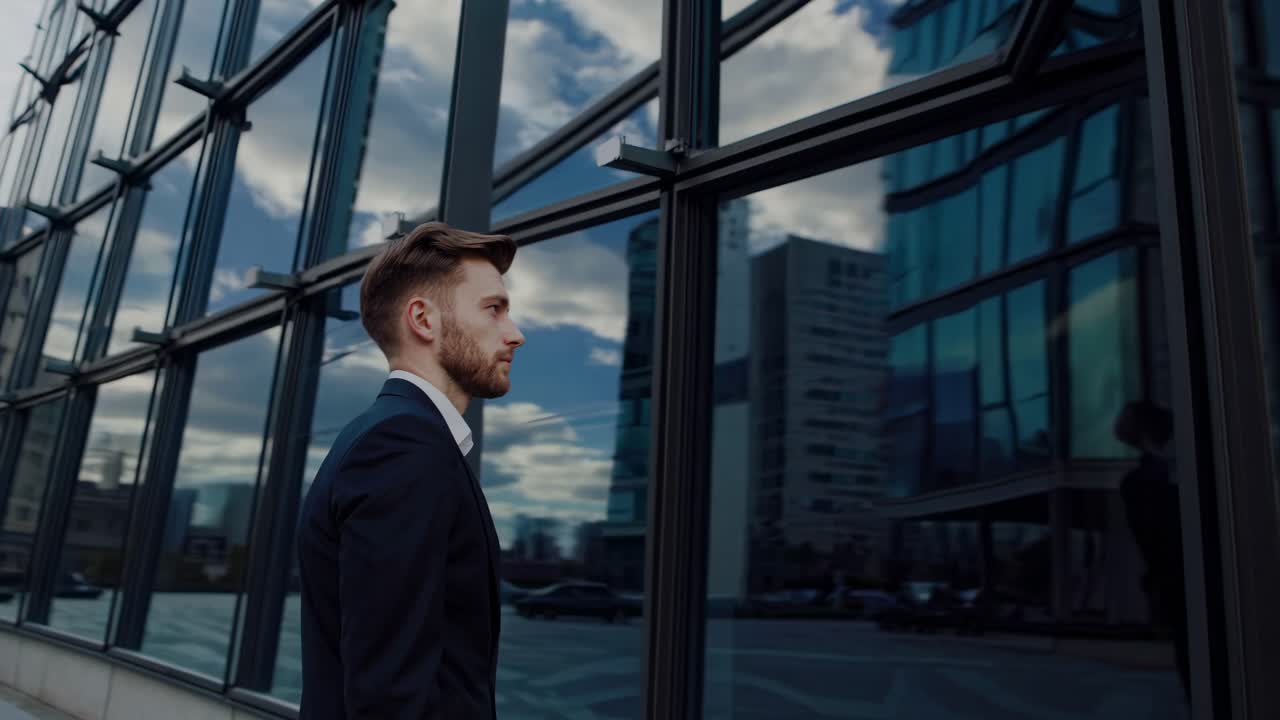 Professional businessman wearing tailored suit standing near glass skyscraper, reflecting urban landscape against sleek architectural surface